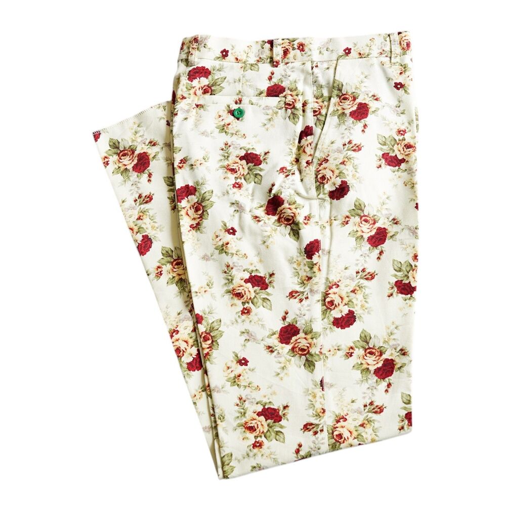 Mens 32 Ivory Red Rose Floral Print Pants Cotton Straight Fit Dress Trousers NWT